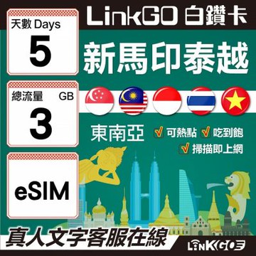 LINKGO白鑽卡 新馬印泰越 eSIM卡 5天上網 總流量3GB 高速流量(東南亞網卡 新加坡 馬來西亞 泰國 印尼 越南)