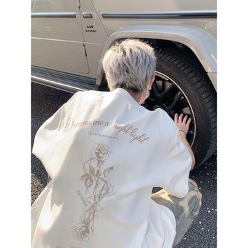 白色純棉重磅短袖T恤男夏季美式潮流玫瑰印花寬松圓領五分袖上衣