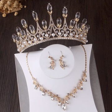 金色皇冠項鏈耳環三件套新娘飾品婚紗套鏈女王生日頭飾結婚發飾