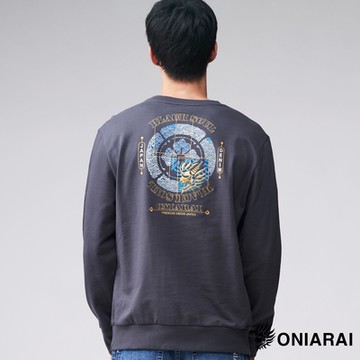 鬼洗 BLUE WAY – 日式花布鬼頭繡花長TEE(深灰)