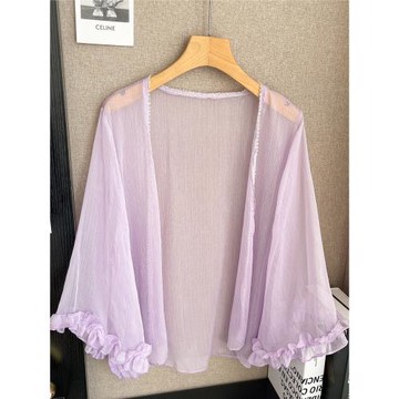 法式溫柔氛圍感防曬開衫女夏木耳邊薄紗透氣輕奢氣質罩衫外套上衣