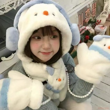 甄選好物🌈保暖毛絨加厚雪人秋冬季可愛護耳圍巾防風手套騎行帽子圍脖三件套