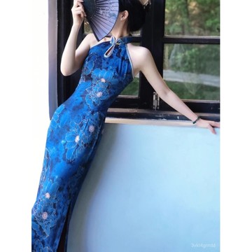 ✨桃園出貨 "墨蘭畵鳶"古典美人暈染花色改良旗袍裙中式古雅藍國風連衣裙2025 6J0K