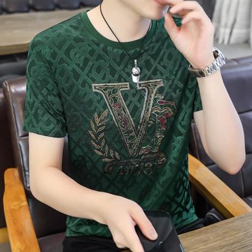 歐貨大牌t恤男高端名牌冰絲夏季短袖男燙鉆潮牌潮流時尚提花上衣