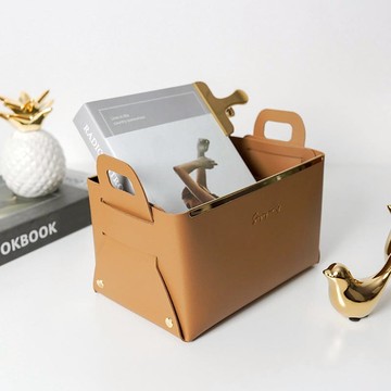 【春節裝飾家裡氛圍】金邊皮革化妝品收納籃 深灰