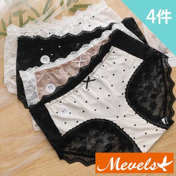 【Mevels 瑪薇絲】4件組 大尺碼法式蕾絲純欲中腰內褲/棉質底襠/女內褲(XL/2XL/3XL)