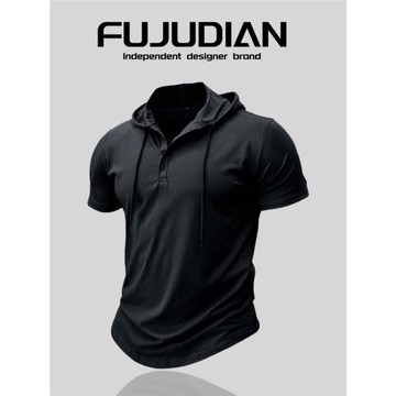 (免運)FUJUDIAN外貿男裝~2025夏季運動健身短袖歐美連帽美式亨利衫大碼