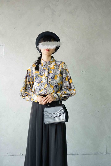 尋寶古著-時間的詩時鐘手繪印花黃色復古澎袖襯衫