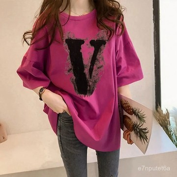 🔥⚡夏季上新⚡ins時尚潮流洋氣短袖T恤女中長款夏季新款ins風v字印花多巴胺穿搭 2PQF