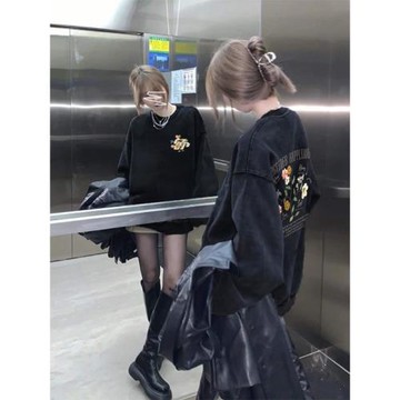 美式復古黑色衛衣女新款2025爆款時尚洋氣春秋冬季加絨厚大碼圓領