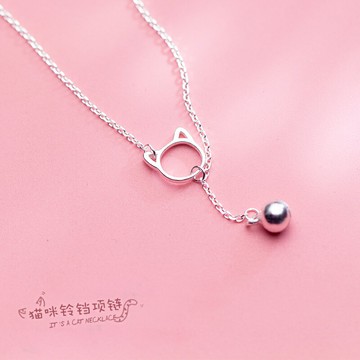 福雅軒 s925銀小貓項鏈女韓版小清新鈴鐺動物貓咪短款鎖骨鏈學生