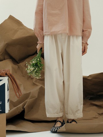 純棉松緊腰設計長褲 日系寬松休閒氣球褲 秋