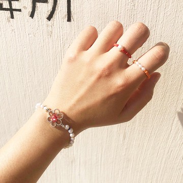 玻璃珠&珍珠手鍊、戒指套裝(紅&橙)