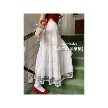 肌理感蕾絲花邊拼接蛋糕高腰半身裙女春秋夏大碼胖MM顯瘦A字長裙