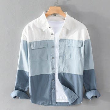 【巴黎精品】襯衫長袖上衣-純棉休閒拼接翻領英倫風男裝a1bu66
