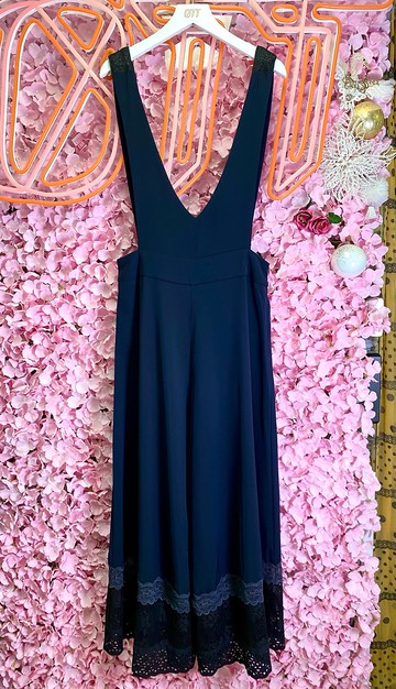 OTT獨一無二•Unique日系深藍色拼接喱士腳吊帶闊褲