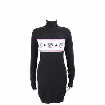 Chiara Ferragni 眨眼圖騰黑色羊毛混紡高領長袖洋裝
