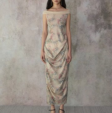 【印花針織】 新中式復古風 一字肩褶皺連衣裙