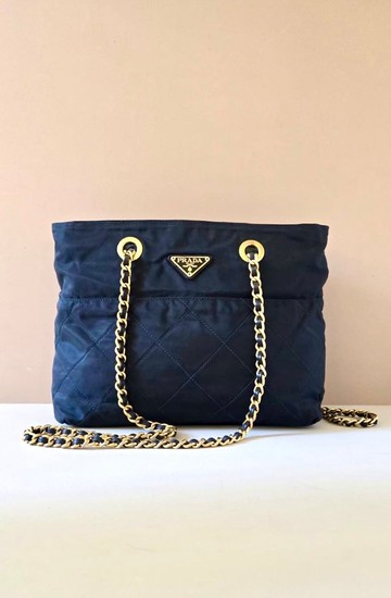 絕版古董包 稀有Prada黑色降落傘鏈子側背包 單肩包 托特包 中古