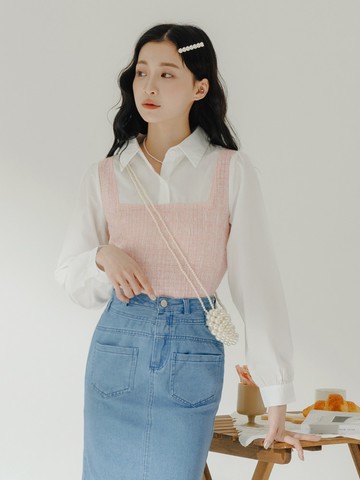 假兩件小香風編織短版襯衫上衣