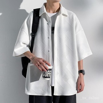 【夏季上新】港風寬鬆休閒條紋垂感潮流襯衫男夏季輕薄透氣大碼百搭五分袖上衣 ED4J