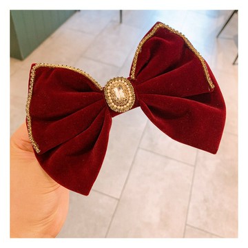 紅色絲絨大蝴蝶結發夾帶鉆后腦勺彈簧頭飾發卡年新款頭花飾品
