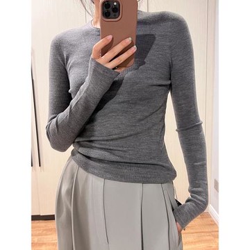 灰色打底衫女2023新款秋冬時尚洋氣羊絨針織內搭毛衣長袖修身上衣