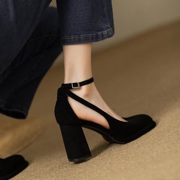 2025夏秋新款女鞋時尚絨面單鞋一字扣后絆帶粗跟涼鞋防水臺高跟鞋