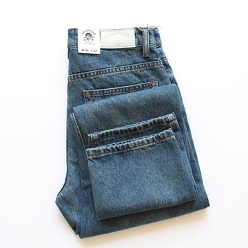 美式休閑修身小直筒秋季純棉厚實重水洗中腰簡約藍色牛仔褲男