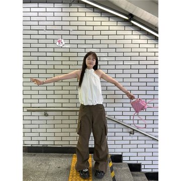 (免運)FENNISTUDIO千禧 原創露肩掛脖背心女設計感小眾抽繩收腰無袖上衣