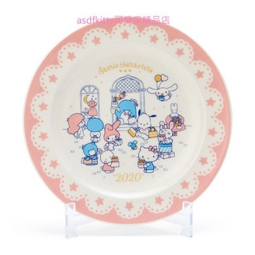 asdfkitty*日本製 2020年三麗鷗家族陶瓷盤附展示架-KITTY.美樂蒂.雙子星.大耳狗.茉莉兔.帕洽狗