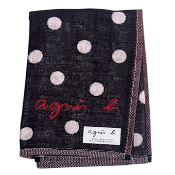 agnes b. 品牌繡字水玉圓點純棉洗臉擦手帕巾(大款-黑色)
