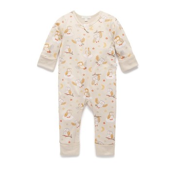 澳洲Purebaby有機棉嬰兒拉鍊連身裝 3M-12M 米色貓頭鷹