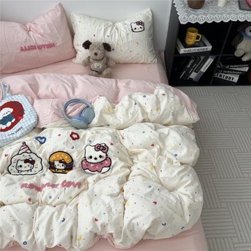 少女心ins可愛貓咪毛巾繡水洗棉床單四件套全棉被套純棉三件套1.5