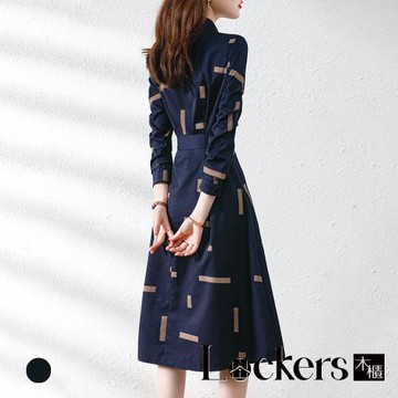 【Lockers 木櫃】夏季復古收腰長袖襯衫連衣裙 L112052906
