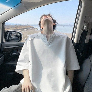 臺灣出貨 鉚釘V領短袖T恤男加肥加大碼潮流胖子大碼寬鬆夏季流行上衣男上衣男短袖上衣球衣夏季短袖