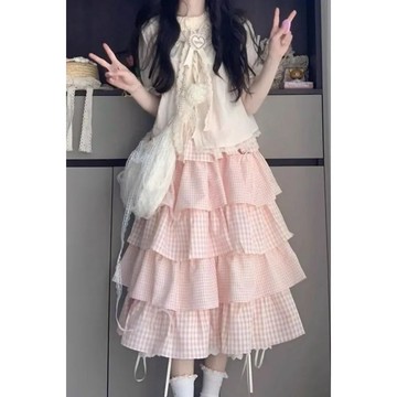 輕便好搭🌷 法式粉色甜美少女上衣仙女長裙套裝女溫柔風粉色格子蛋糕裙兩件套 夏季上衣 t恤