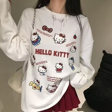 在台出貨🍀美式甜美可愛Kitty印花卡通圓領長袖T恤設計寬鬆上衣