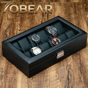 高檔黑色碳纖手表盒收納盒歐式收藏盒家用雙層腕表開窗帶鎖展示盒