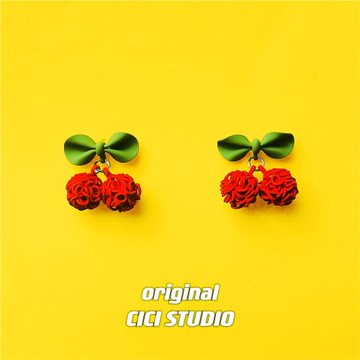 CICI創意小眾編織紅色櫻桃蝴蝶結少女可愛俏皮童趣S925銀針耳環
