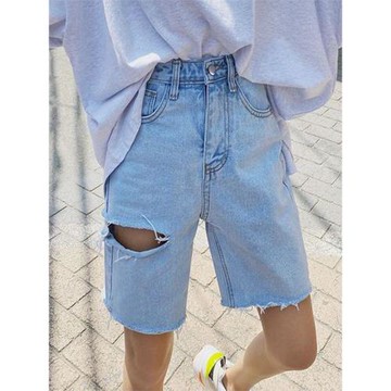 韓國東大門ins側邊割破洞高腰牛仔短褲女直筒寬松淺色剪邊五分褲