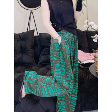 歐貨復古天絲緞面花褲子女夏季薄款高級感氣質通勤條紋印花闊腿褲