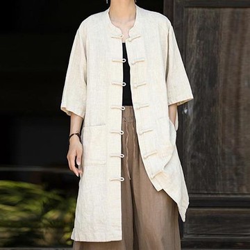 【米蘭精品】現貨+預購 新中式罩衫棉麻襯衫手工亞麻上衣夏季女裝大尺碼-七分袖對襟旗袍女上衣3色74lw37