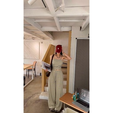 精緻夏日girl💋韓細條紋吊帶+寬褲 set 固定式罩杯 抽繩寬褲 條紋套裝 寬褲兩件套 抹胸兩件套 辣妹 約會