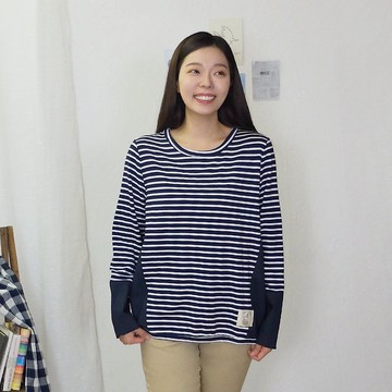 Hana Mokuba 針梭織拼接休閒條紋長袖上衣