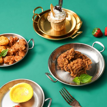 韓式304不銹鋼雙耳圓形小吃盤餐廳沙拉盤涼菜糖果盤零食甜品托盤