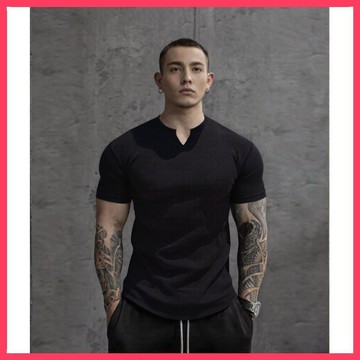 🐻韓系衣服男 | 厚磅寬肩螺紋男短袖 | V領設計五分袖 | 顯壯剪裁 | 韓式男裝