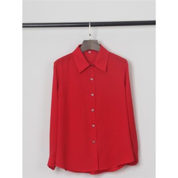 紅色寬松顯瘦翻領長袖雪紡襯衫女 24春夏新款大碼氣質通勤小衫OL