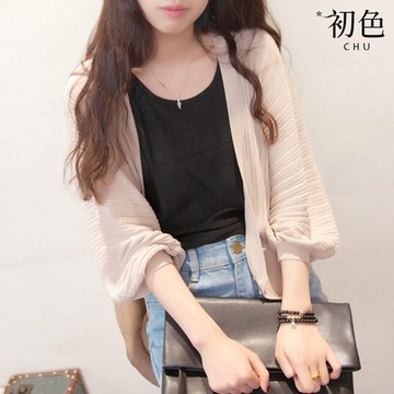 初色  純色空調防曬開衫V領寬鬆燈籠袖長袖針織外套女外套-共5色-35210(F可選)