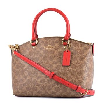 COACH 緹花LOGO防刮手提/斜背二用水餃包-棕褐/紅